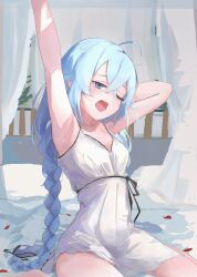  ;o absurdres ahoge alternate_costume armpits arms_up bed_sheet black_ribbon blue_eyes blue_hair braid breasts collarbone commentary crossed_bangs curtains feet_out_of_frame female hair_between_eyes hair_ribbon highres indoors long_braid long_hair munpaow mushoku_tensei nightgown one_eye_closed open_mouth pillow ribbon roxy_migurdia sitting sleepy small_breasts solo stretching twin_braids very_long_hair waist_ribbon waking_up wariza white_nightgown yawning 