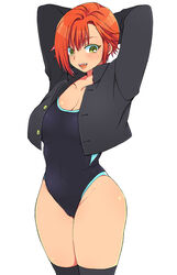  :d arms_behind_head blue_one-piece_swimsuit blush cameltoe commentary_request covered_navel eroe female gakuran green_eyes groin igarashi_kyou_(eroe) one-piece_swimsuit open_mouth orange_hair original photoshop_(medium) school_uniform short_hair simple_background smile solo swimsuit teeth white_background 