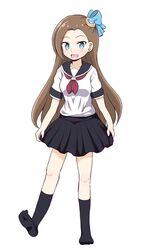  :d asymmetrical_bangs black_skirt black_socks blue_bow blue_eyes bow brown_hair commentary contemporary cosplay female full_body hair_ornament hair_pulled_back hairbow katarina_claes long_hair looking_at_viewer miniskirt monkey_girl_(hamefura) monkey_girl_(hamefura)_(cosplay) neckerchief no_shoes open_mouth otome_game_no_hametsu_flag_shika_nai_akuyaku_reijou_ni_tensei_shite_shimatta pleated_skirt red_neckerchief school_uniform serafuku shirt short_sleeves simple_background skirt skirt_hold smile socks solo standing standing_on_one_leg white_background white_shirt yuu_kurema 