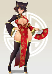  animal_ears black_hair black_thighhighs breasts cat_ears cat_girl china_dress chinese_clothes detached_sleeves dress female folding_fan full_body gold_footwear grin hair_ornament hand_fan hand_on_own_hip high_heels highres holding holding_fan kali_belladonna lainart large_breasts looking_at_viewer mature_female parted_lips rwby short_hair side_slit single_bare_shoulder single_detached_sleeve smile solo tassel tassel_hair_ornament thighhighs thighs wide_hips yellow_eyes 