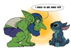  4:3 alien beard blizzard_entertainment blue_nose disney duo english_text experiment_(lilo_and_stitch) eye_contact facial_hair goblin green_body hi_res humanoid lilo_and_stitch looking_at_another male ryusuke573 smile stitch_(lilo_and_stitch) text warcraft 