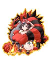  arm_up bare_legs beanie black_hair blue_eyes clenched_hand collarbone colored_sclera commentary_request cropped_torso fangs female fire floral_print full_body furu_kaze green_eyes green_shorts hat highres holding_person incineroar looking_at_viewer orange_outline outline pectorals pokemon pokemon_(creature) pokemon_sm print_shirt red_hat selene_(pokemon) sharp_teeth shirt shoes short_hair short_shorts short_sleeves shorts simple_background slit_pupils sneakers swept_bangs t-shirt teeth tied_shirt upper_body white_background yellow_sclera 