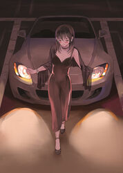  absurdres black_footwear black_hair black_shawl blush breasts car cleavage closed_eyes collarbone earrings female hair_behind_ear headlight headlight_beam highres honda honda_s2000 jewelry medium_breasts momo_hiki motor_vehicle off_shoulder original shawl smile solo sports_car vehicle_focus 