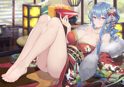  ahoge alcohol ass azur_lane bare_legs bare_shoulders barefoot blue_hair blush bow breasts calder cleavage closed_mouth collarbone commentary cup feet female hair_ornament hairbow hairpin japanese_clothes kimono knees_up large_breasts leaning_back legs long_hair long_sleeves looking_at_viewer obi off_shoulder official_alternate_costume photoshop_(medium) purple_eyes red_bow sakazuki sake sash side_ponytail sidelocks sitting smile solo st._louis_(azur_lane) st._louis_(spirits_in_the_snow)_(azur_lane) wide_sleeves 