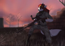  absurd_res anthro breasts canid canine canis claws clothed clothing detailed_background dragunov eyewear female fluffy fluffy_tail fur glasses gloves gun hair handwear hi_res holding_object holding_weapon mammal orange_eyes ranged_weapon red_hair rifle s.t.a.l.k.e.r. solo svd tail tashalisets weapon white_body white_fur wolf 