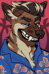  2:3 absurd_res aloha_shirt anthro brown_body brown_fur clothing ear_piercing fetishame flower fur hi_res hibiscus hyena male mammal palm_tree pattern_clothing pattern_shirt pattern_topwear piercing plant shirt shuck smile smirk snarling solo topwear tree yebra 