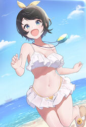  :d absurdres alternate_costume beach bikini black_hair blue_eyes blue_nails blue_sky blush breasts cleavage cloud cloudy_sky collarbone commentary_request day female foot_out_of_frame frilled_bikini frilled_skirt frills hair_ribbon hands_up highres hololive medium_breasts microskirt nail_polish navel oozora_subaru open_mouth outdoors pink_nails ribbon sandals shadow shiny_skin short_hair sidelocks skirt sky smile solo standing standing_on_one_leg stomach stopwatch stopwatch_around_neck swept_bangs swimsuit taraneko_miso thighs toenail_polish toenails virtual_youtuber wet white_bikini white_skirt yellow_bikini yellow_ribbon 