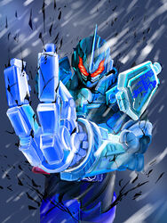  1boy armor blizzard blizzard_knuckle blue_armor build_driver come_at_me_bro come_hither commentary donguri_kaijin driver_(kamen_rider) glowing glowing_eyes grease_blizzard highres kamen_rider kamen_rider_build_(series) kamen_rider_grease looking_at_viewer male_focus mechanical_hands red_eyes single_mechanical_hand snow snowflakes snowing solo tokusatsu translucent winter 