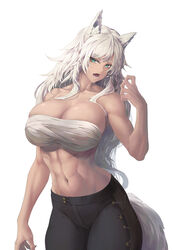  abs animal_ears bad_id bad_pixiv_id bandages bare_arms bare_shoulders black_pants breasts chest_sarashi cleavage collarbone female green_eyes grey_hair hand_up highres large_breasts limeblock long_hair looking_at_viewer muscular muscular_female navel original pants parted_lips sarashi simple_background solo tail white_background 