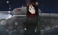  aikir_(jml5160) arms_at_sides blue_eyes blurry bokeh breasts brown_hair depth_of_field emblem expressionless female girls_und_panzer highres is-2 large_breasts long_hair looking_at_viewer military military_vehicle motor_vehicle night nonna_(girls_und_panzer) pravda_(emblem) pravda_military_uniform school_uniform snow solo tank upper_body 