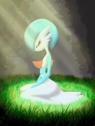  3:4 blue_hair closed_eyes female gardevoir generation_3_pokemon grass hair hands_between_legs hi_res light maionetttte nintendo plant pokemon pokemon_(species) shiny_pokemon side simple_background sitting solo 