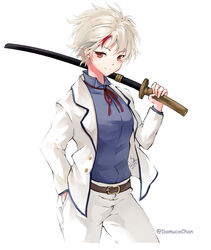  absurdres belt blue_shirt breasts carrying_over_shoulder collared_shirt cowboy_shot damucochan dress_shirt female han&#039;you_no_yashahime hand_in_pocket highres higurashi_towa holding holding_sword holding_weapon inuyasha jacket long_sleeves looking_at_viewer multicolored_hair neck_ribbon open_clothes open_jacket orange_eyes pants red_hair red_ribbon ribbon shirt simple_background smile solo streaked_hair sword weapon white_background white_jacket white_pants wing_collar 