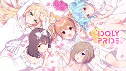  5girls black_hair blonde_hair blue_eyes blush bow braid brown_hair double_bun flower green_eyes hair_bun highres hyodou_shizuku ichinose_rei idoly_pride kawasaki_sakura_(idoly_pride) long_hair looking_at_viewer multiple_girls official_art open_mouth pink_flower pink_rose purple_eyes red_eyes rose saeki_haruko_(idoly_pride) shiraishi_chisa short_hair smile stuffed_animal stuffed_toy sunny_peace_(idoly_pride) teddy_bear twintails 