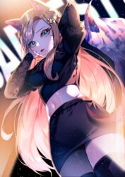  absurdres ahri_(league_of_legends) animal_ears blonde_hair blue_eyes breasts commentary_request crystal_tail female fox_ears fox_girl from_below highres hiya_(lww3257) korean_commentary league_of_legends long_hair looking_to_the_side medium_breasts navel open_mouth solo the_baddest_ahri thighhighs 