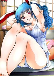  absurdres alternate_costume animal_ears armpits arms_up ass bare_legs barefoot blue_hair breasts commentary_request feet_out_of_frame female highres indoors kaisenpurin large_breasts long_hair rabbit_ears red_eyes seiran_(touhou) sitting solo toenails touhou 