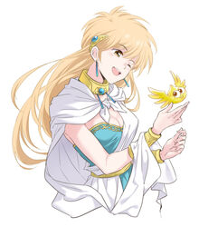  agahari blonde_hair blush bracer breasts brown_eyes cape choker cleavage commentary_request dragon_quest dragon_quest_dai_no_daibouken earrings female gome hair_ornament hands_up head_tilt highres jewelry long_hair one_eye_closed open_mouth princess_leona simple_background sleeveless slime_(dragon_quest) upper_body vambraces white_background 