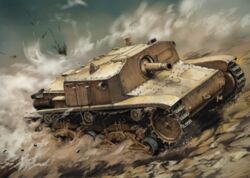  abe_yasushi_(umizoi_tibet) action commentary_request day dust_cloud military military_vehicle motion_blur motor_vehicle no_humans original outdoors semovente_75/18 tank vehicle_focus 