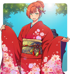  2020 alternate_hairstyle asymmetrical_hair black_bow blue_sky blush bow commentary_request day eroe female floral_print genderswap_(mtf) green_eyes hair_bun igarashi_kyou_(eroe) japanese_clothes kimono new_year obi orange_hair original red_kimono rule_63 sash short_hair single_hair_bun sky sleeves_past_wrists smile solo standing updo wide_sleeves 