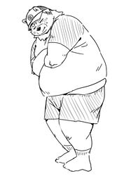  2022 anthro bear belly big_belly blush bottomwear clothing full-length_portrait hat headgear headwear hi_res kemono male mammal monochrome overweight overweight_male portrait shirt shorts simple_background solo topwear uokkom 