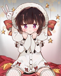  animal_ears animal_hood blush bow brown_hair dress female floppy_ears frills girls&#039;_frontline holding_ears hood long_sleeves looking_at_viewer m99_(girls&#039;_frontline) m99_(rabbit_squad)_(girls&#039;_frontline) official_alternate_costume pink_eyes plug_(feng-yushu) rabbit rabbit_ears rabbit_hood ribbon sitting smile solo star_(symbol) thighhighs wariza white_dress white_thighhighs 