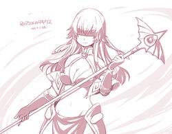  bangs blindfold breasts brown_theme capelet cleavage closed_mouth commentary_request cowboy_shot dated elbow_gloves eyebrows_visible_through_hair female gloves holding holding_staff large_breasts long_hair mage_(ragnarok_online) mage_staff monochrome ragnarok_online ragnarok_the_animation shiraazuma smile solo staff takius 