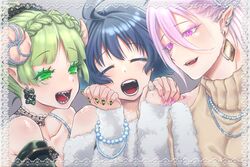  2boys absurdres asmodeus_alice bare_shoulders blue_hair crossdressing demon_boy demon_girl dress earrings eyeshadow female green_eyes green_hair highres horns jewelry mairimashita!_iruma-kun makeup multiple_boys nail_polish necklace nipponpon08 open_mouth pearl_necklace pink_eyes pink_hair pointy_ears sharp_teeth smile suzuki_iruma teeth turtleneck turtleneck_dress valac_clara 