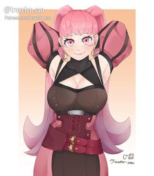  armpits arms_behind_head blush breasts cleavage cleavage_cutout clothing_cutout corset female fire_emblem fire_emblem:_three_houses highres hilda_valentine_goneril large_breasts long_hair patreon_username pink_eyes pink_hair signature simple_background smile solo traveler_san watermark 