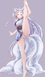  absurdres animal_ear_fluff animal_ears arm_up bad_id bad_pixiv_id bare_arms bare_legs bare_shoulders barefoot breasts commentary ekaki-ya_okamoto facing_viewer feet_out_of_frame female flexible fox_ears fox_girl fox_tail hair_bobbles hair_ornament hand_on_own_ankle high_ponytail highres japanese_clothes kimono kneepits large_breasts leg_hold leg_lift leg_up long_hair multiple_tails obi panties ponytail purple_background sash short_kimono sidelocks simple_background sleeveless sleeveless_kimono smile smug solo split standing standing_on_one_leg standing_split tail tiptoes touhoku_itako underwear very_long_hair voiceroid white_panties 