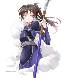  absurdres armor blue_eyes brown_hair cowboy_shot damucochan elbow_pads female fur han&#039;you_no_yashahime highres holding holding_weapon inuyasha japanese_clothes long_hair long_sleeves looking_at_viewer multicolored_hair naginata pants parted_lips pauldrons polearm sash setsuna_(inuyasha) short_sword shoulder_armor side_ponytail sidelocks solo streaked_hair sword two-tone_hair weapon white_background 