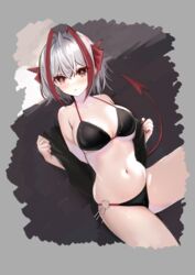  ahoge arknights bikini black_bikini black_shirt blush breasts commentary_request demon_girl demon_horns demon_tail female grey_hair hige_qr highres horns large_breasts looking_at_viewer navel o-ring o-ring_bikini open_clothes open_shirt parted_lips red_eyes shirt short_hair simple_background stomach swimsuit tail thighs w_(arknights) 