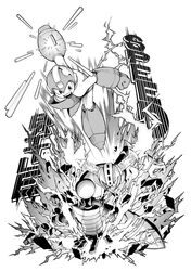  2boys android arm_cannon arm_up clenched_hand clenched_teeth commentary_request duel electricity english_text falling furu_kaze fuse_man greyscale helmet male_focus mega_man_(character) mega_man_(classic) mega_man_(series) mega_man_11 midair monochrome multiple_boys open_mouth powering_up simple_background standing teeth weapon white_background 