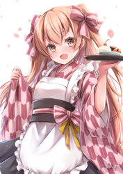  absurdres alternate_costume anmitsu_(dessert) apron artist_name black_hakama blush brown_eyes dated enmaided female hair_between_eyes hakama highres holding holding_tray japanese_clothes johnston_(kancolle) johnston_(wa_waitress_mode)_(kancolle) kantai_collection kimono light_brown_hair long_hair long_sleeves maid mashiro_yukiya obi official_alternate_costume open_mouth pink_kimono sash signature simple_background smile solo tray two_side_up wa_maid white_apron white_background wide_sleeves 