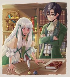  1boy :d ascot black_eyes black_hair book bookshelf brooch brother_and_sister crossed_arms female formal green_ribbons hair_ribbon highres indoors inkwell jewelry leaning_forward long_hair mutton_(user_hafp8324) nicol_ascart open_mouth otome_game_no_hametsu_flag_shika_nai_akuyaku_reijou_ni_tensei_shite_shimatta paper quill ribbon siblings sidelocks smile sophia_ascart suit table very_long_hair white_ascot white_hair 