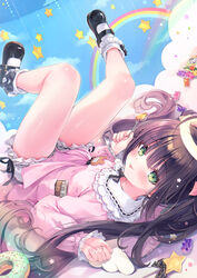  angel angel_wings black_footwear black_hair bloomers blush breasts candy cloud commentary_request doughnut dress female food frilled_dress frills full_body green_eyes hair_ornament halo highres holding holding_candy holding_food legs_up lollipop long_hair looking_at_viewer original pink_dress rainbow rubi-sama shorts small_breasts socks solo star_(symbol) underwear white_socks wings 