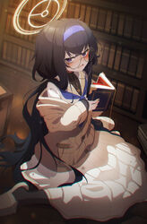  @_@ absurdres bad_id bad_pixiv_id bags_under_eyes black_hair blue_archive blue_neckerchief blush book bookshelf cardigan clothing_request commentary crossed_bangs female glasses hairband halo highres holding holding_book indoors korean_commentary liyom long_hair long_skirt long_sleeves looking_at_viewer neckerchief open_book open_mouth purple_eyes round_eyewear sailor_collar shirt sitting skirt sleeves_past_wrists slippers solo sweat ui_(blue_archive) very_long_hair wariza wavy_mouth white_shirt 