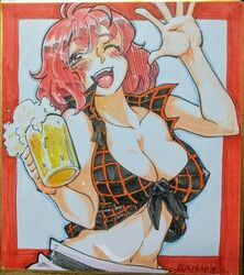  ;d alcohol beer beer_mug black_shirt blush breasts cleavage commentary_request covered_nipples cup female highres holding holding_cup horikawa_raiko large_breasts looking_at_viewer mug navel nunnun_(shunka_shuutou) one_eye_closed open_mouth plaid plaid_shirt red_eyes red_hair shikishi shirt short_hair smile solo teeth touhou traditional_media twitter_username upper_body upper_teeth_only 