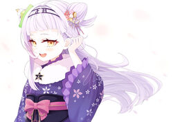  :d absurdres blunt_bangs cone_hair_bun female food fur_scarf furisode grey_hair hair_bun hairband half_updo hand_in_own_hair highres hololive japanese_clothes kagami_mochi kage_(ka_9e_4su) kimono long_hair looking_at_viewer mochi mochi_hair_ornament murasaki_shion murasaki_shion_(new_year) new_year official_alternate_costume open_mouth purple_kimono single_side_bun smile smirk smug solo teeth tucking_hair upper_body upper_teeth_only virtual_youtuber yellow_eyes 