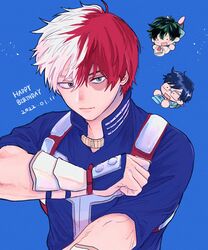  3boys arm_across_chest blue_background blue_eyes boku_no_hero_academia burn_scar cake chibi chibi_inset costume dated english_text food gauntlets gift hair_between_eyes happy_birthday harness heterochromia highres iida_tenya light_smile long_bangs looking_at_viewer male_focus mero82meron midoriya_izuku multicolored_hair multiple_boys outstretched_arm red_hair scar scar_on_face school_uniform short_hair simple_background smile solo_focus split-color_hair superhero_costume todoroki_shouto two-tone_hair u.a._school_uniform upper_body white_hair 