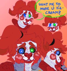  animatronic anthro anthrofied blue_eyes circus_baby_(fnaf) clown dialogue eyebrows female finger_to_mouth five_nights_at_freddy&#039;s freckles frillious green_eyes hand_on_face happy heart_eyes heart_symbol heterochromia humanoid lagomorph leporid looking_at_viewer machine male mammal mixed_media multi_media rabbit red_eyebrows red_nose robot scottgames sister_location smile smiling_at_viewer solo solo_focus text 