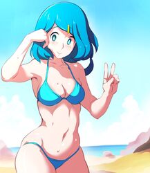  alternate_costume beach bikini blush breasts bright_pupils closed_mouth cloud collarbone commentary_request cowboy_shot day ero_kaeru female freckles green_bikini green_eyes hair_ornament hairclip hands_up lana&#039;s_mother_(pokemon) long_hair looking_down mature_female navel no_sclera outdoors pokemon pokemon_(anime) pokemon_sm_(anime) sand sky smile solo swimsuit v white_pupils 