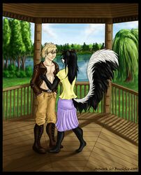  2009 anthro black_hair blonde_hair boots brushfire clothed clothing dress duo female footwear fur gazebo hair hi_res human jeanette_(docwilkie) male male/female mammal mephitid open_clothing open_shirt open_topwear outside shirt skunk topwear 