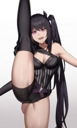  architect_(girls_frontline) asymmetrical_clothes black_hair cero_(last2stage) commentary_request cowboy_shot eyebrows_visible_through_hair female girls_frontline grin highres hip_vent korean_commentary leg_up long_hair one_side_up pink_eyes pinstripe_pattern smile solo split standing standing_on_one_leg standing_split striped thighhighs very_long_hair white_background 