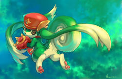  bandai_namco belly black_eyes boxing_gloves clothing collar curled_tail feral fur gloves green_body green_fur handwear hat headgear headwear jeacn kemono kutty_(summon_night) long_ears long_tail looking_at_viewer looking_back male mammal pawpads paws solo spiked_gloves spikes summon_night symbol tail tail_swirl white_belly white_paws 