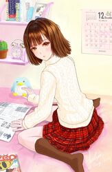  alarm_clock bed bed_sheet bedroom blush brown_eyes brown_hair brown_socks cactus calendar_(object) clock harasaki_nozomi highres kohji looking_at_viewer looking_back medium_hair on_bed parted_lips patterned_clothing plaid plaid_skirt reading shenmue shenmue_i signature sitting skirt socks solo studying stuffed_toy sweater turtleneck white_sweater 