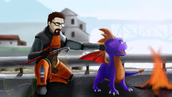  16:9 activision beard bridge building claws clothed clothing crossover crowbar digital_media_(artwork) dragon duo european_mythology eyewear facial_hair feral fire fist glasses gordon_freeman hair half-life hev_suit hi_res holding_crowbar horn human lagartuzmems1998 male mammal membrane_(anatomy) membranous_wings multicolored_body multicolored_scales mythological_creature mythological_scalie mythology one_eye_closed outside purple_body purple_scales scales scalie smile spyro spyro_the_dragon tail teeth toe_claws tongue tools two_tone_body two_tone_scales valve western_dragon widescreen wings 