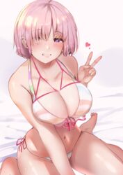  absurdres bare_shoulders bikini breasts cleavage collarbone fate/grand_order fate_(series) female grin hair_over_one_eye highres large_breasts light_purple_hair looking_at_viewer mash_kyrielight mash_kyrielight_(swimsuit_of_perpetual_summer_ver.02) masini-mashini615 multicolored_bikini multicolored_clothes navel purple_eyes rainbow_bikini short_hair sitting smile solo striped_bikini striped_clothes swimsuit thighs v wariza 