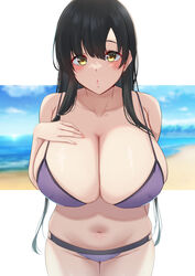  absurdres bikini black_hair blush breasts cleavage collarbone female highres huge_breasts iwato_kasumi long_hair looking_at_viewer nanohana_(november.) navel open_mouth purple_bikini saki_(manga) solo standing swimsuit yellow_eyes 