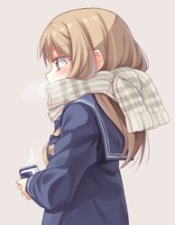  blue_sailor_collar blue_shirt blush breath brown_eyes brown_hair can commentary_request enpera female grey_background grey_scarf hair_between_eyes highres holding holding_can ina_(inadahime) long_hair long_sleeves original plaid plaid_scarf profile sailor_collar scarf school_uniform serafuku shirt simple_background sleeves_past_wrists solo steam tsubaki-chan_(ina_(inadahime)) upper_body 