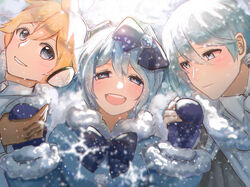  2boys blonde_hair blue_bow blue_bowtie blue_coat blue_eyes blue_hair blue_mittens bow bowtie boy_sandwich coat commentary diamond_dust_(module) female fur-trimmed_coat fur_trim gem grin hairbow half-closed_eyes hands_up hatsune_miku headphones highres ice_fog_(module) kagamine_len kaito_(vocaloid) libertyp light_blue_hair looking_at_another looking_at_viewer lying mittens multiple_boys on_back open_mouth project_diva_(series) sandwiched smile snow snowflake_print snowing sparkle spiked_hair vocaloid yuki_miku yuki_miku_(2012) 