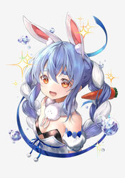  :d animal_ear_fluff animal_ears bare_shoulders black_leotard blue_hair braid breasts carrot_hair_ornament cropped_torso cutout_above_navel detached_sleeves dress female food-themed_hair_ornament fur_scarf hair_between_eyes hair_ornament highres hololive kyou-chan leotard leotard_under_clothes long_hair looking_at_viewer multicolored_hair open_mouth orange_eyes puffy_detached_sleeves puffy_short_sleeves puffy_sleeves rabbit-shaped_pupils rabbit_ears rabbit_girl scarf short_sleeves small_breasts smile solo strapless strapless_dress strapless_leotard symbol-shaped_pupils thick_eyebrows twin_braids twintails two-tone_hair upper_body usada_pekora usada_pekora_(1st_costume) virtual_youtuber white_dress white_hair white_scarf 